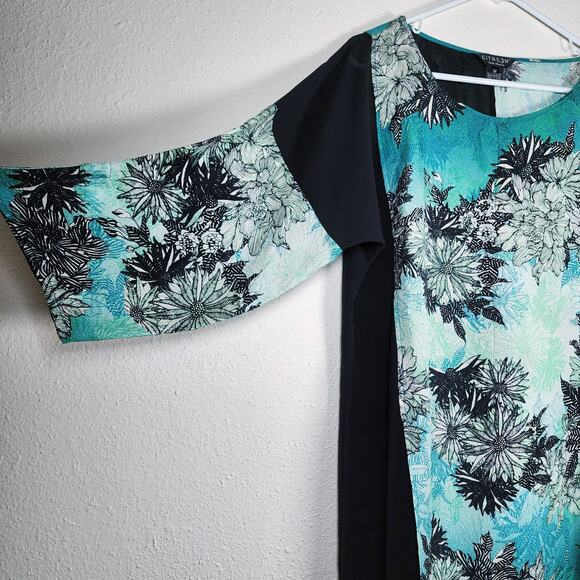 Citron Tunic Top Silk Floral Jacquard Aqua Black Art to Wear Size Medium Roomy - Picture 4 of 9